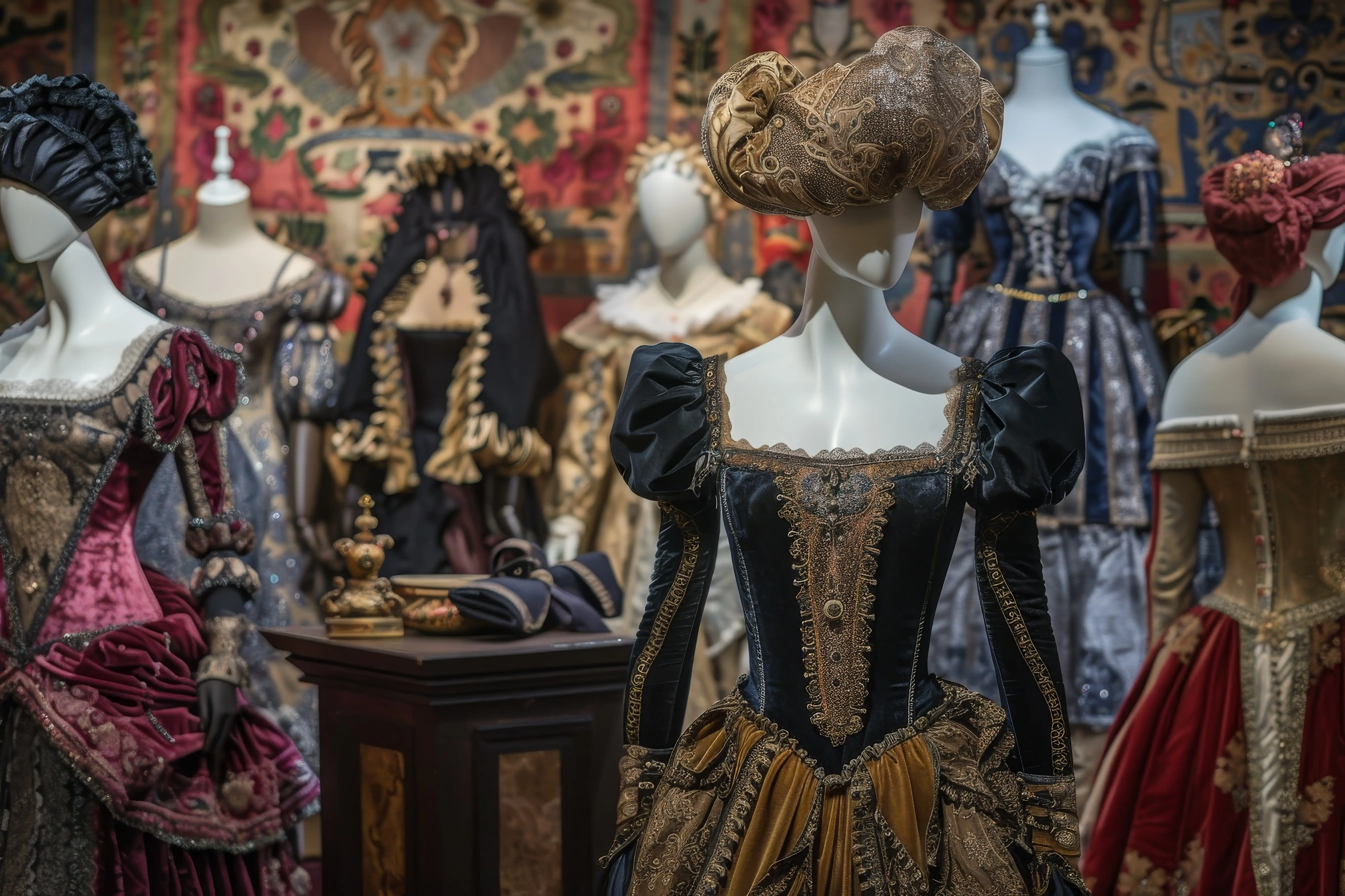 Eine Präsentation von Vintage-Schaufensterpuppenkleidung, einschließlich eines Damenkleids und eines Huts.