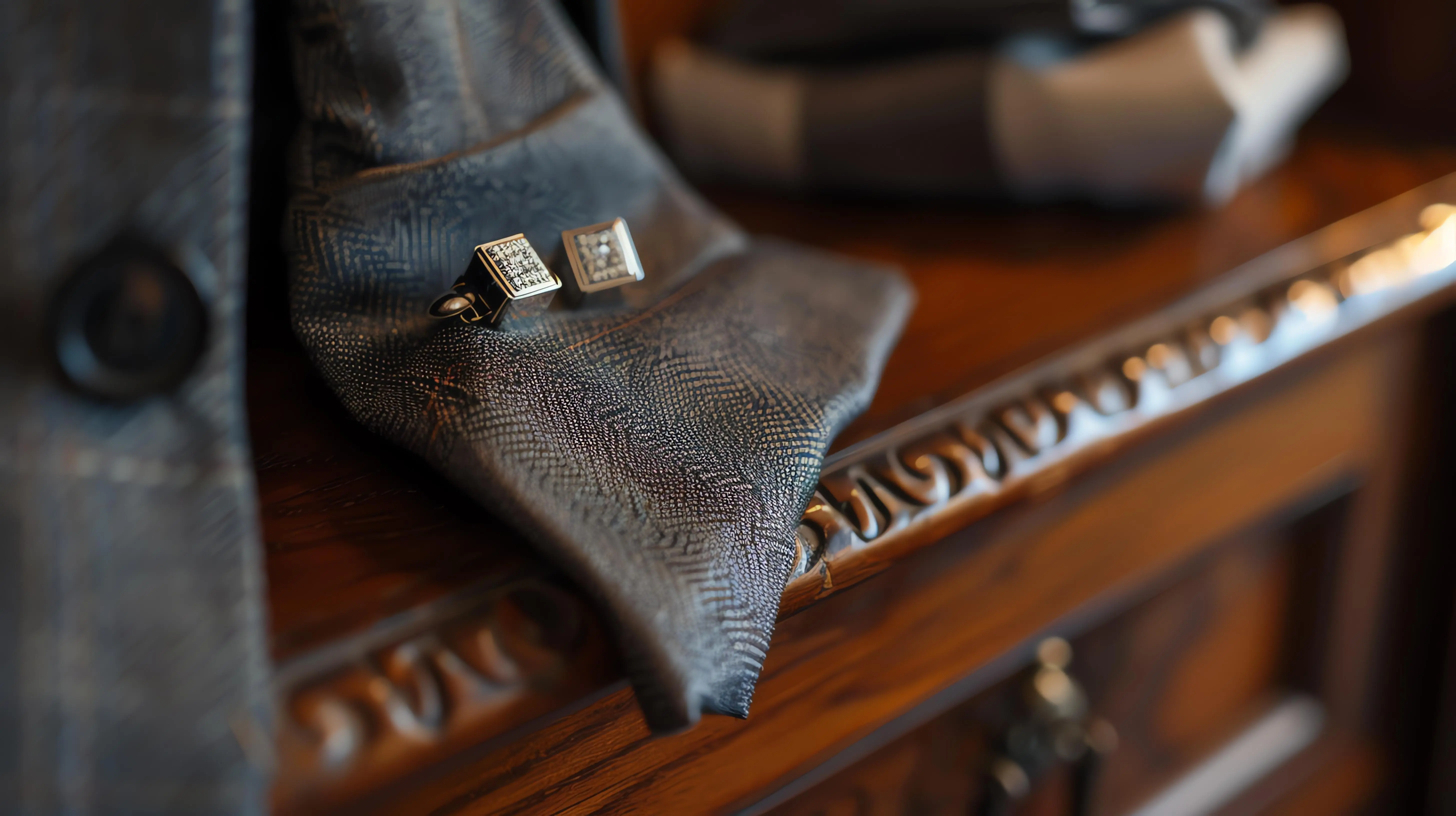 Manschettenknöpfe liegen auf dem Ärmel eines maßgeschneiderten Jacketts. Sie sind aus Silber und haben ein quadratisches Design mit kleinen Diamanten.