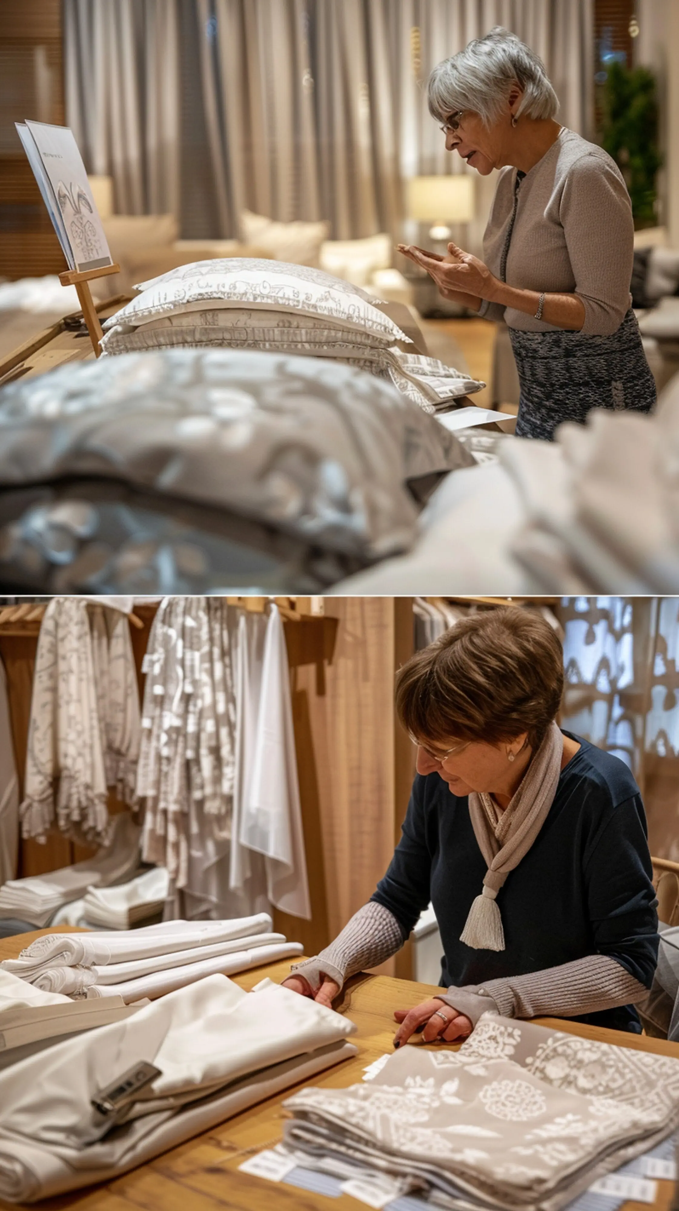 Ein Foto, das die Arbeit eines Designers an Vorhängen in einem eleganten Interieur zeigt.