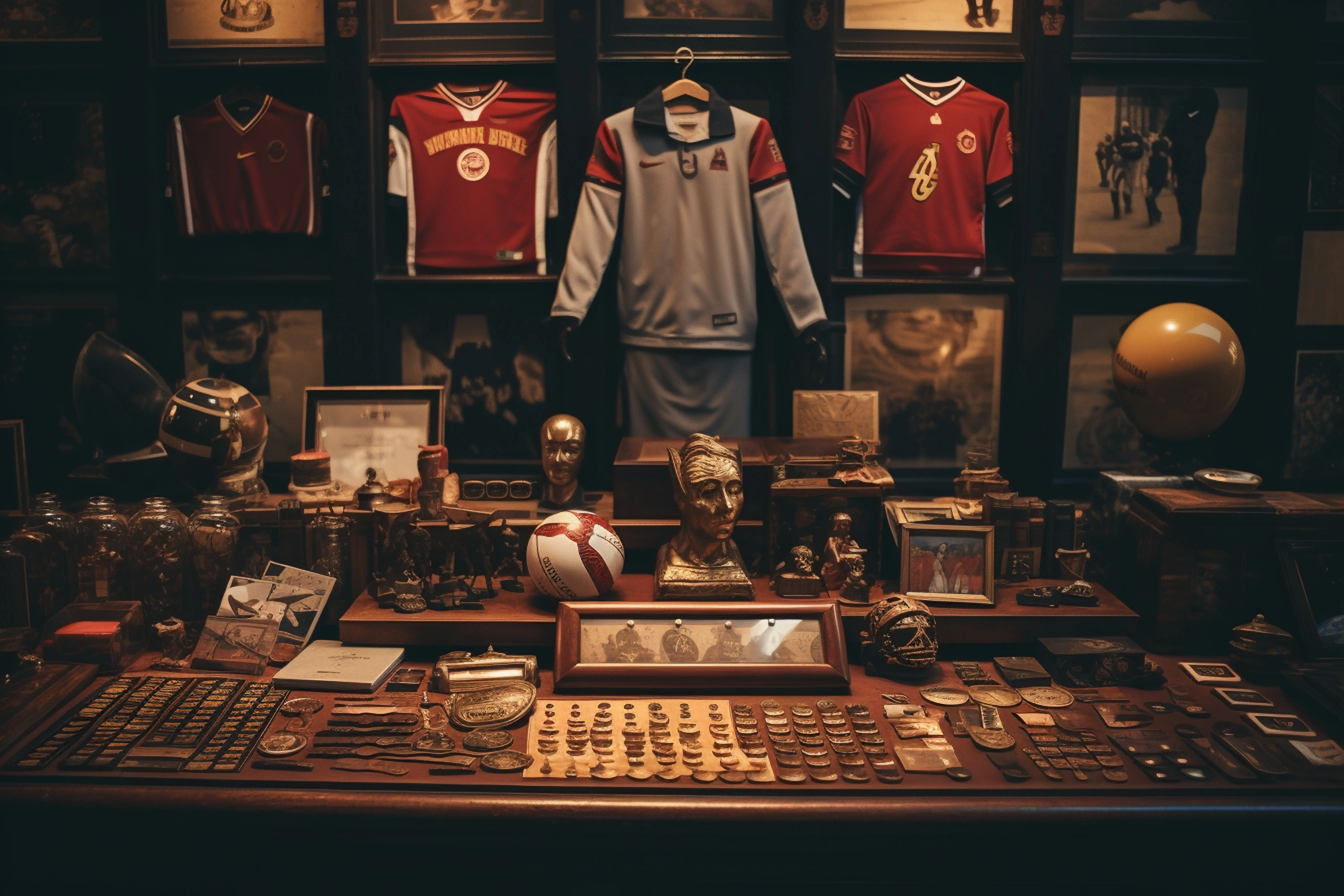 Auf einem Schreibtisch befindet sich eine Sammlung von Sportandenken.