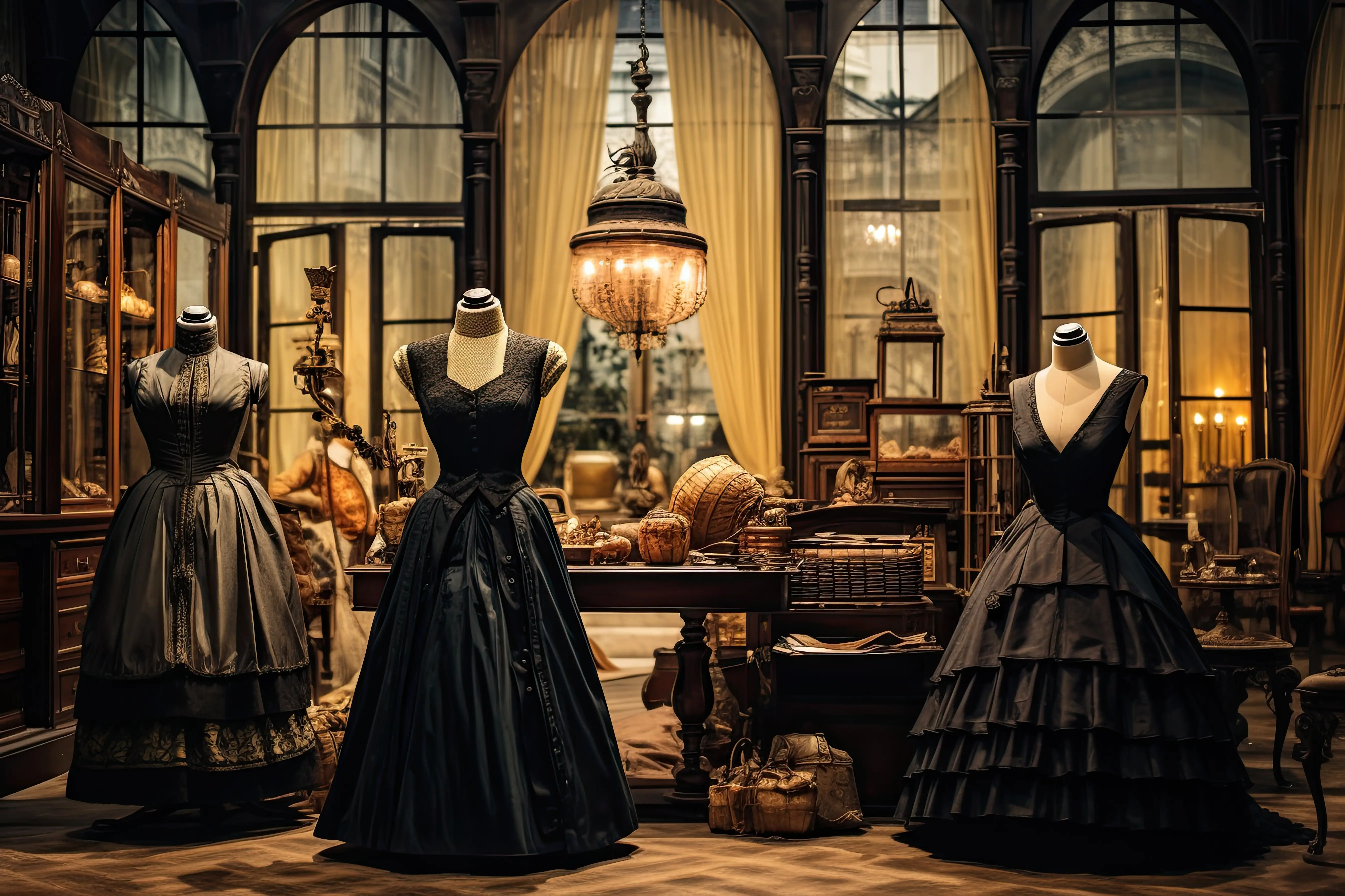 Schöne altmodische Kleider im Schaufenster des Schlosses, KI-generiert.